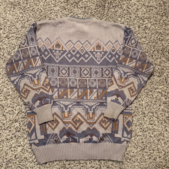 Vintage MES XL Geometric Knit Sweater Beige & Gray Pullover Crewneck 90s Style - Picture 2 of 6